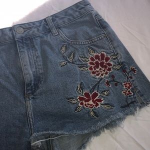 Topshop Moto Floral Embroidered Mom Jean Shorts